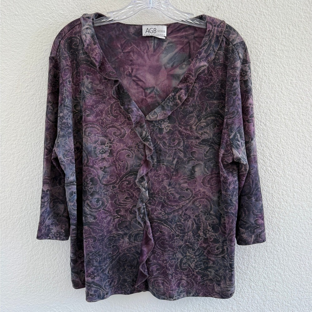 Vintage Purple Paisley Tie Dye Ruffle V-Neck Top AGB Woman Byer California 2X